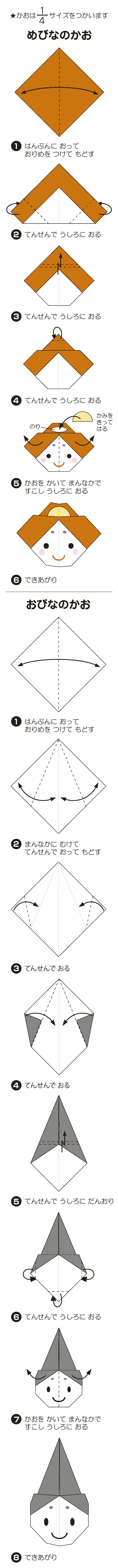 たちびなの折り方 おびな、めびな、それぞれの顔の折り方です。