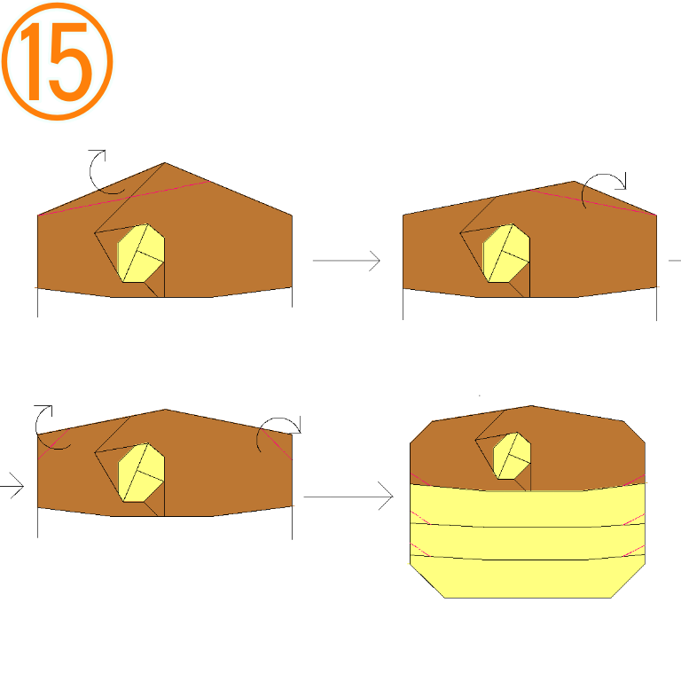 ホットケーキの折り方 赤い線で山折りをします。
形をととのえます。