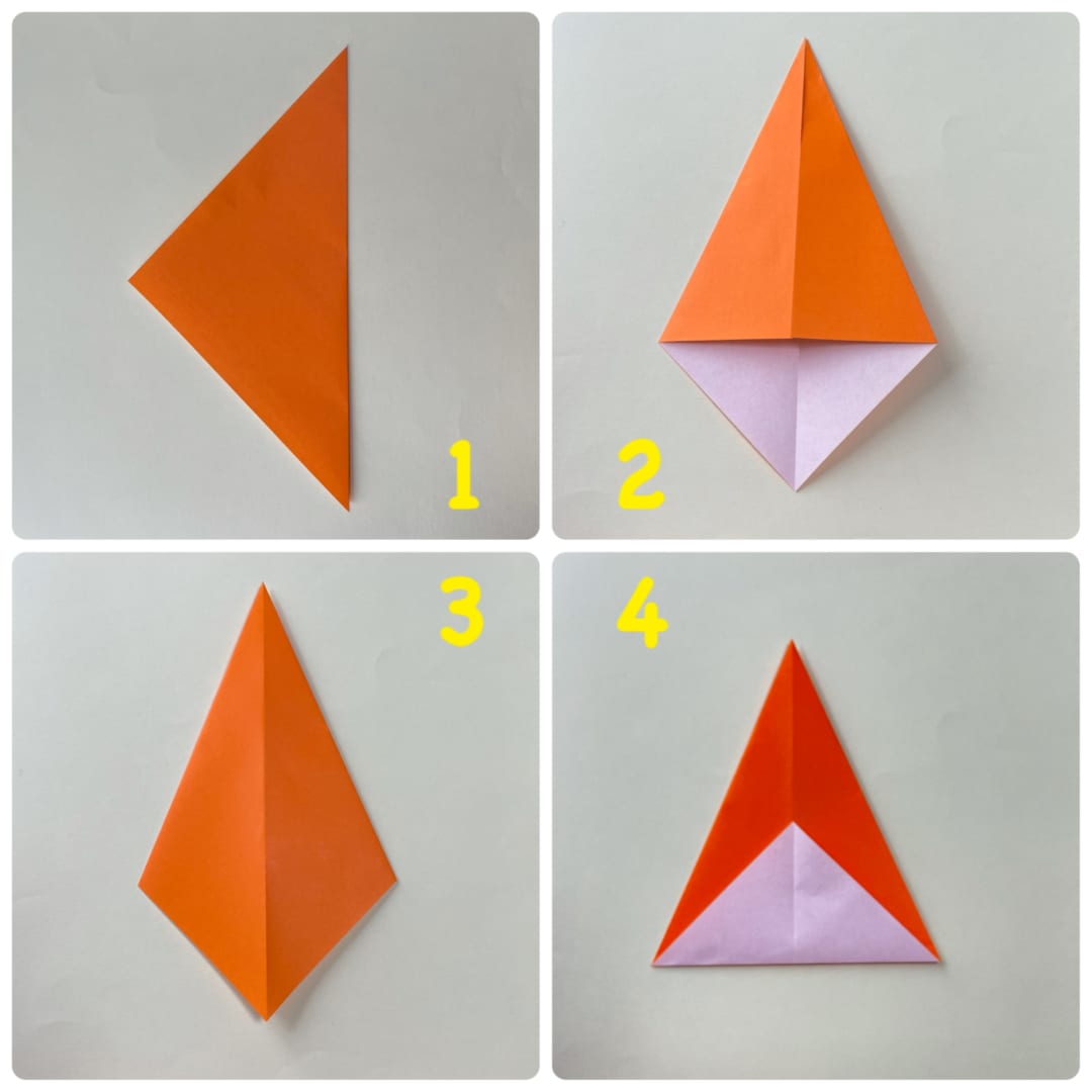 How to fold パンダアイス: １　対角線で半分に折ります。
２　対角線に合わせ、両側から折ります。
３　裏返します。
４　角をつなぐ線で、上に折りあげます。