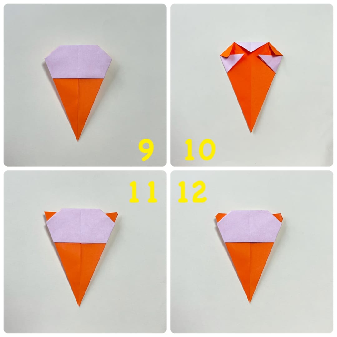 How to fold パンダアイス: ９　このまま、トッピングを描いてもかわいいです^_^
10   裏返します。
11   耳がぴょこっと出るように、両側の小さい三角を、1ミリくらい向こう側に残して折り返します。
12   耳の角を少し折って、完成です！
角を折らなければ猫、裏に折らないで、そのまま下に折り下げれば犬になります^_^