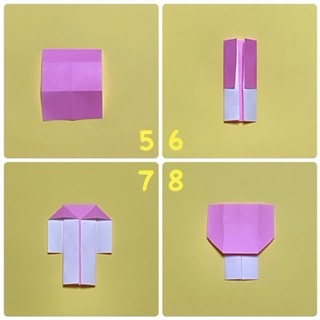 How to fold ワンピースうさぎ: ５　裏返します。
６　たての前に合わせて、両側を折ります。
７　今折ったところを開きます。上の部分は、三角になるようにつぶします。
８　上の辺が下に来るように折ります。このとき、後ろの部分は折らないで、前に出てくるようにします。
白い部分が足になるので、好みの長さに調節してください。
