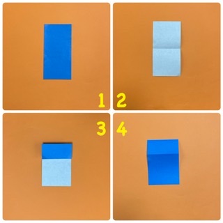 How to fold 帽子ねこ（くま）🐱🐻: 頭から作ります。
まず、半分に折って、折り筋をつけます。
3  今つけた線まで、上の部分だけ折り、裏返します。