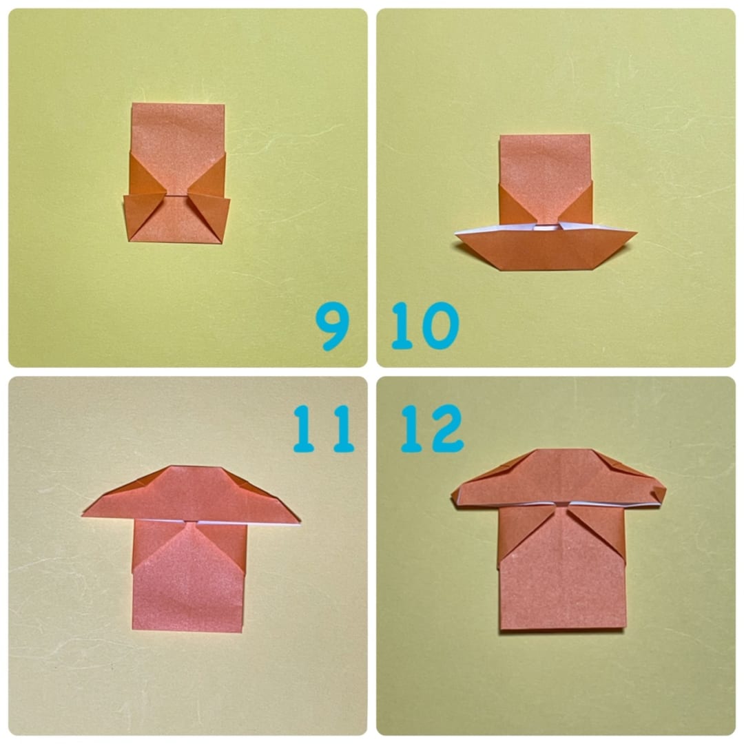 りすの折り方 ９　今折ったところの下の部分を三角に折ります。
10   両側に開きます。にそうぶねを作る時と同じ要領です。
11   ここから図が上下反対になります。上の部分を斜めに折ります。
12   両側出ている、手になる部分の先を少し折ります。