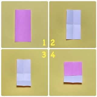 How to fold ワンピースうさぎ: 次に、体を作ります。
２　縦横に、半分に折って、折り筋をつけます。
３　下の部分だけ、真ん中の線に合わせて、折り、開きます。
４　今ついたさんに合わせて、上の部分を折ります。