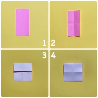 How to fold ワンピースうさぎ: １　折り紙半分で、頭を下ります。
２　縦横、半分に折り、折り筋をつけます。
３　横の線に上下の辺を合わせるように折ります。
４　裏返します。