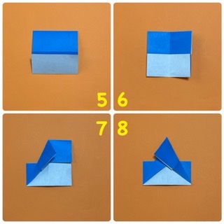 How to fold 帽子ねこ（くま）🐱🐻: 5  下の部分を真ん中まで折ります。
6   縦に半分に折り、折り筋をつけます。
7  真ん中の線の上のはじから、左下の角をつなぐ線で折ります。
8  右側も同様に折ります。