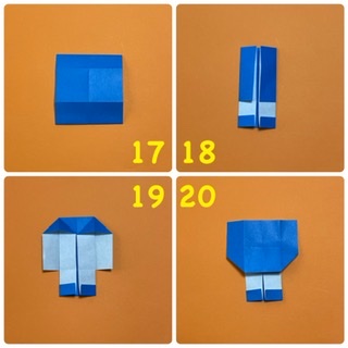 How to fold 帽子ねこ（くま）🐱🐻: 17  裏返します。
18  縦の線に合わせて、両側から折ります。
19  上の部分だけ、開いて、つぶし折りします。
20  裏返します。