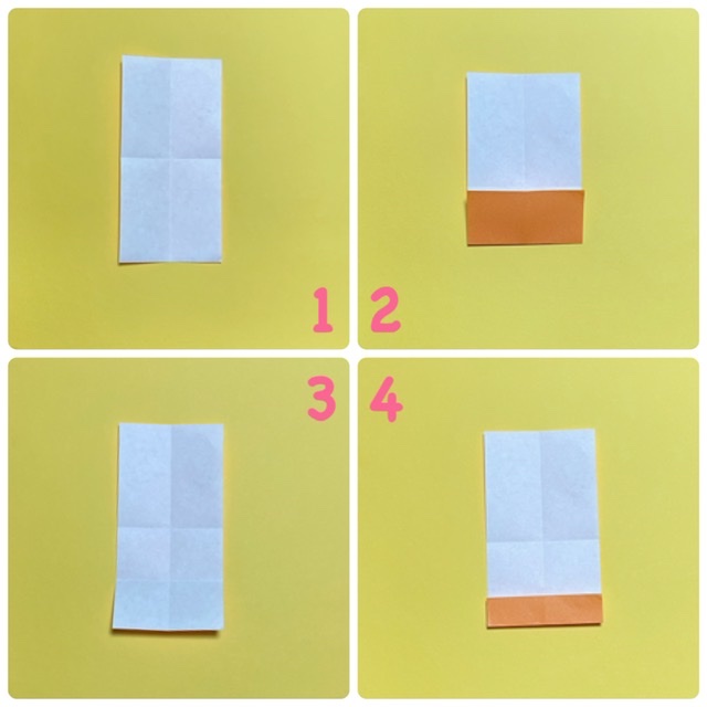 りすの折り方 頭から作ります。
１　たてよこ、半分に折り、折り筋をつけます。
２　横の線に合わせて、下部だけ、半分に折り、開きます。
３　開いたところです。
４　今できた線に合わせて、折ります。