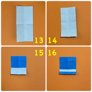 How to fold 帽子ねこ（くま）🐱🐻: 次に体を折ります。
13  たて、横、それぞれ半分に折って、折り筋をつけます。
14  今つけた線まで、下の部分だけ折り、戻します。
15  今つけた線まで、上の部分を折ります。
16  下の部分も少し折ります。ここが靴になるので、お好みのサイズで折ってください。