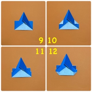 How to fold 帽子ねこ（くま）🐱🐻: 9  はみ出した部分を内側に折り込みます。
10  今折った三角の部分の両側にえる小さな三角を、直角に折り下げます。
11  今折った部分を、少し残して、上に折り上げます。ここが耳になります。尖った部分を少し折ると、クマになります。