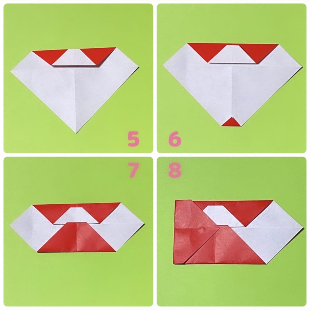 How to fold 貝殻雛: ５　上の部分を、中心線まで折ります。
６　下の角を少し折ります。
７　白い台形に、少し被るくらいの位置まで下の部分を折ります。
８　左側を、中心より少し過ぎるところまで折ります。顔の大きさを考えて、お好みの位置まで折ってくだい。