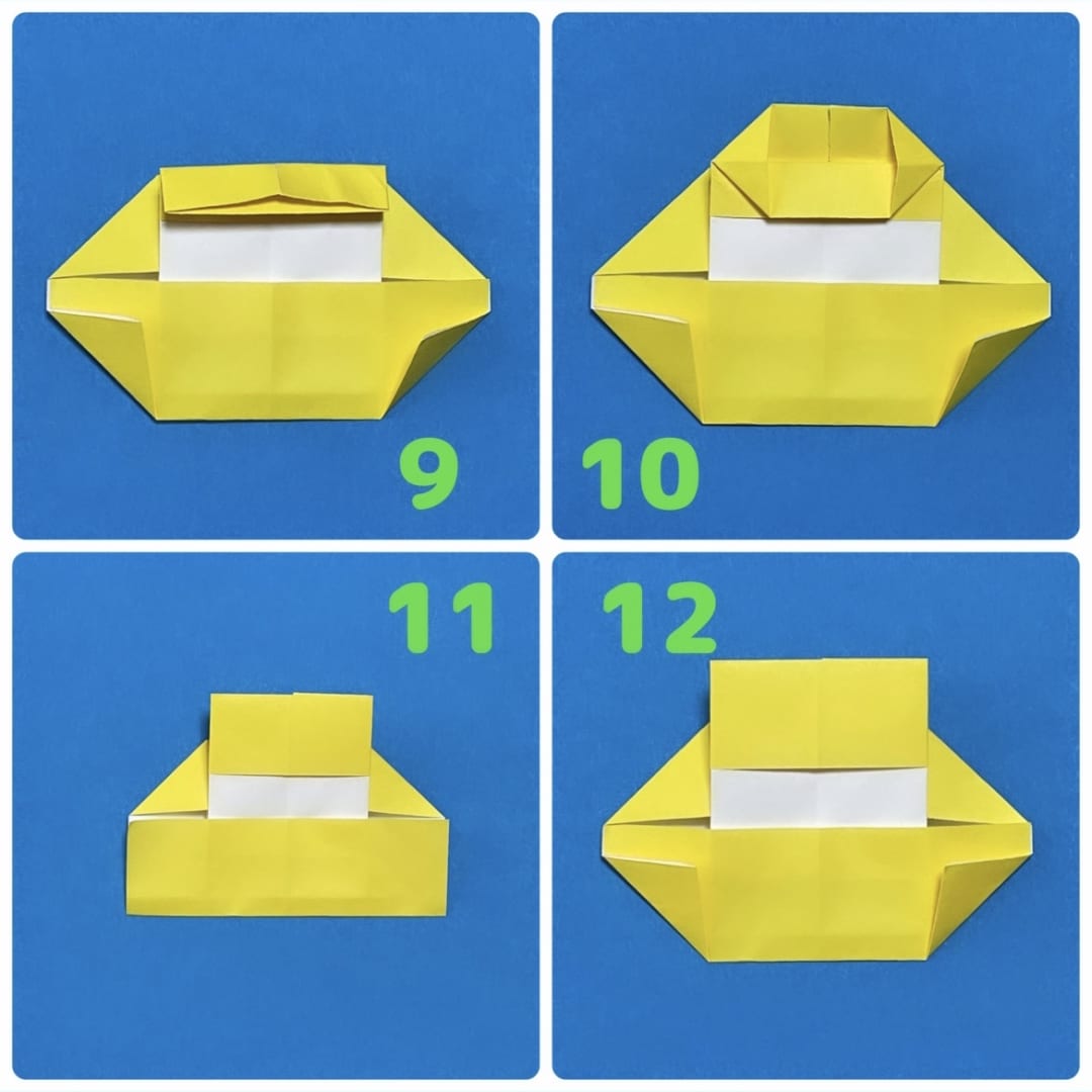 How to fold ねことうさぎ: 13  12で開いたところの真ん中を、両脇に向かって三角に折ります。
14    顔の両側の角を、少し折ります。
15    裏返して、ねこの顔の完成です！