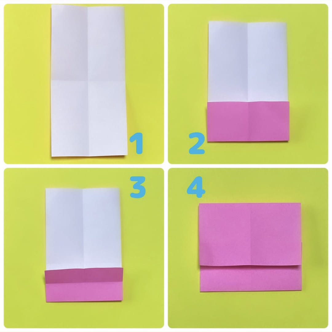 How to fold ねことうさぎ: うさぎの折り方です。
１　半分に切った折り紙一枚で出来ます。縦と横、半分に折って、十時の折り線をつけます。
２　下半分を折ります。
３　今折った部分を、更に半分に折り、戻します。
４　今つけた線まで、上の部分を折ります。