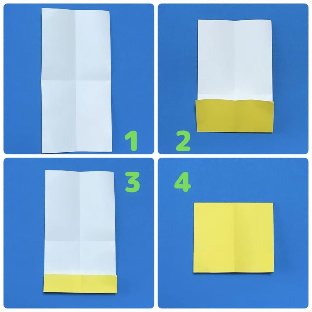How to fold ねことうさぎ: ねこの折り方です。
１　半分なかった折り紙を使います。縦と横、両方を半分に折り、十時の折り筋をつけます。
２　下の部分を、半分に折り、線をつけます。
３　今折った線に合わて折ります。
４　下の辺に合わせるように、半分に折ります。