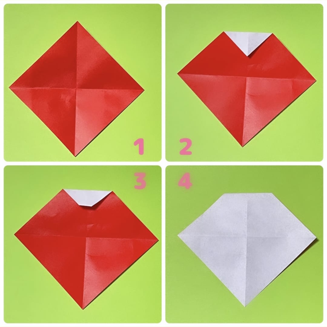 How to fold 貝殻雛: １　色がついている方を表にして、十時に折り線をつけます。
２　上の角を中心から3分の2のところまで折ります。
３　白い三角の下の部分を少しだけ折ります。
４　裏返します。