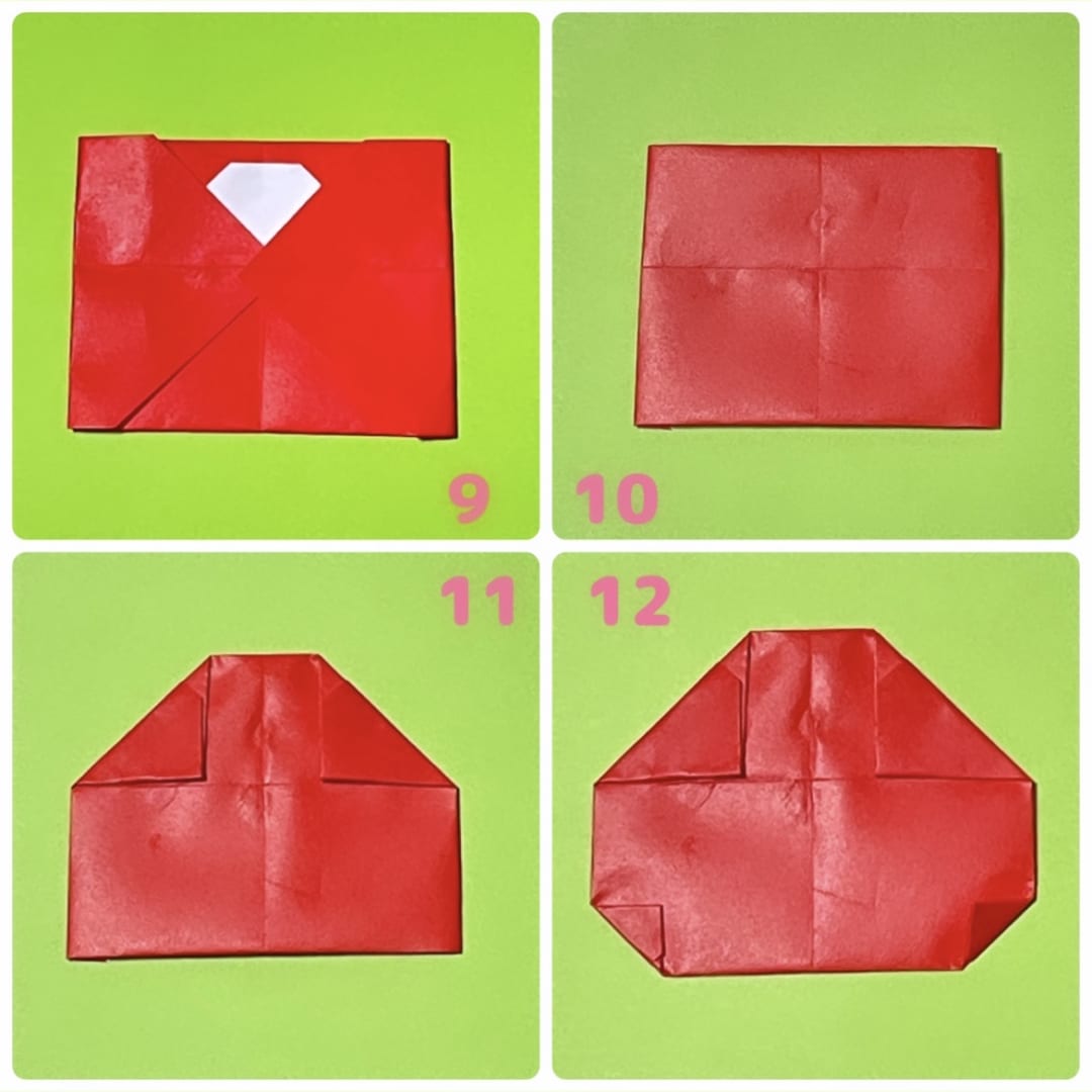 How to fold 貝殻雛: ９　右側も、中心線と左側の辺が交わるあたりまで折ります。
10   裏返します。
11   上の両角を、真ん中の線まで折ります。
12   下の両角を少し折ります。