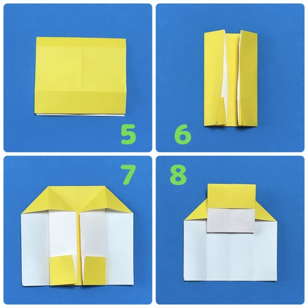 How to fold ねことうさぎ: ５　裏返します。
６　真ん中の線に合わせて、両側を折ります。
７　今折ったところを開いて、上の部分は三角につぶします。
８　下の色がついた部分の小さな正方形が、上に半分くらい出るように折り上げます。