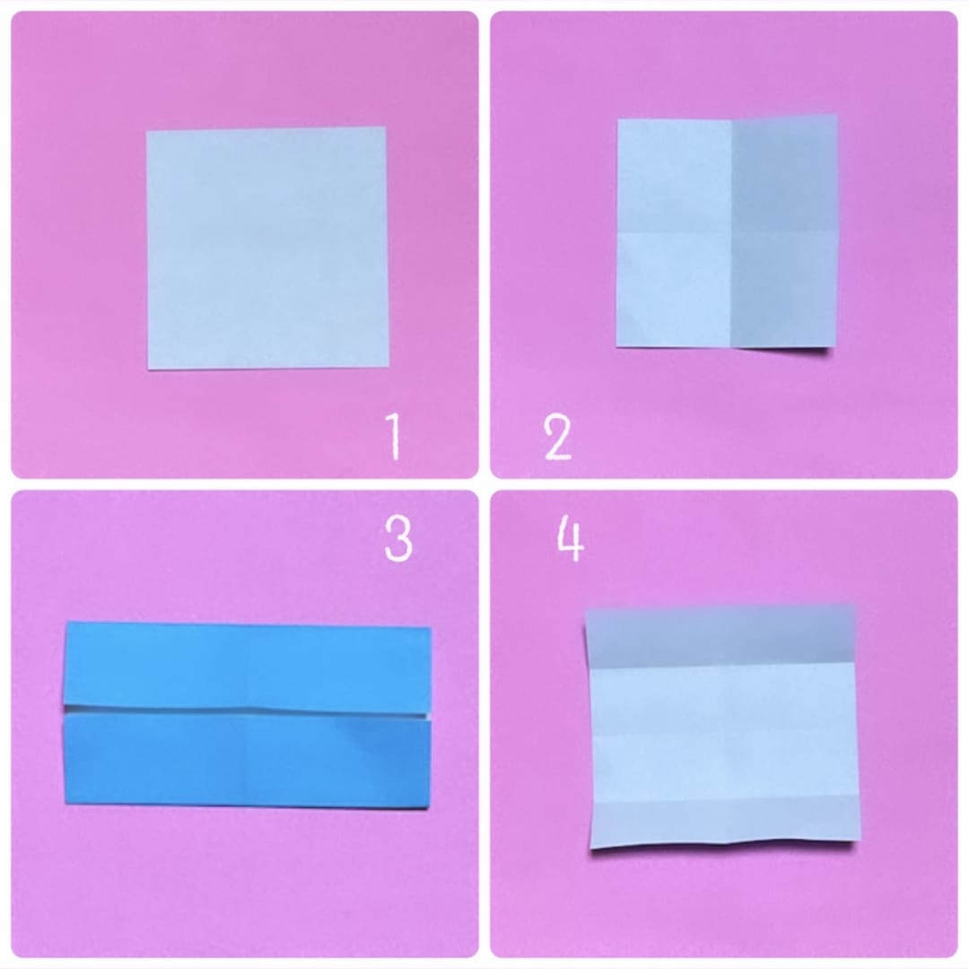 ちょうちょとおはなの折り方 対角線で十時に折り線をつけ、上下を中心まで折り、開きます。