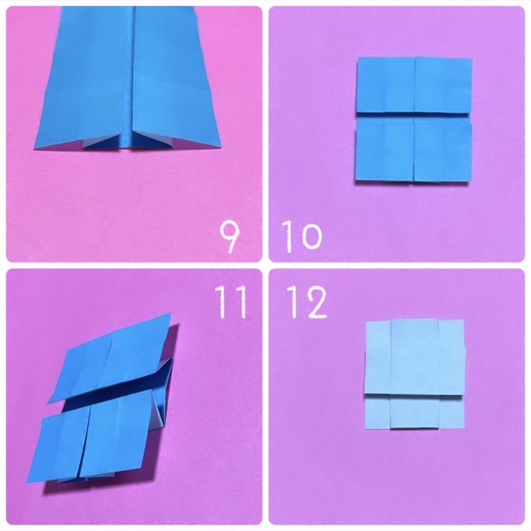 ちょうちょとおはなの折り方 9  横から見た図です。
10  上下も、同じように折ります。
11  横から見た図です。
12  裏返します。