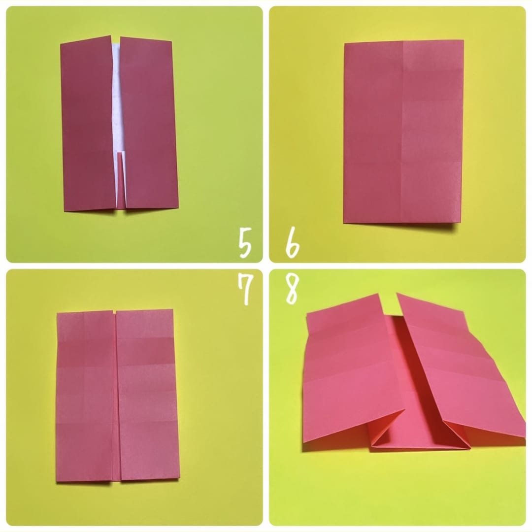 How to fold お着物うさぎとねこ: 5  左右を、真ん中まで折ります。
6  裏返します。
7  両端を、真ん中まで折ります。1番下の部分は折らないようにそのまま上にくるようにします。
8   横から見た図です。