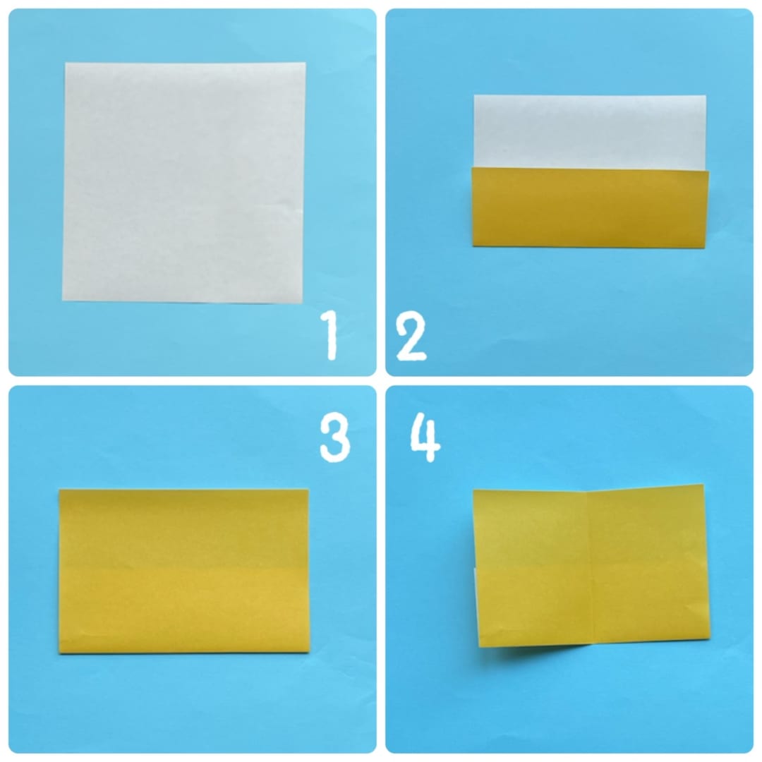 How to fold マグカップネコ＆うさぎ: 1 カップの色にしたい側を裏にします。
2  下側を、三分の一くらい折ります。
3  裏返します。
4  たてに半分に折り筋をつけます。