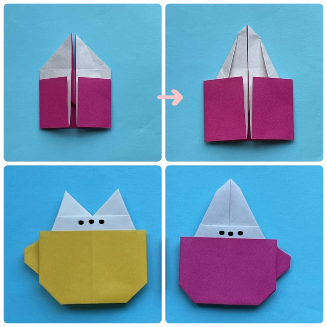 How to fold マグカップネコ＆うさぎ: うさぎの場合は、ねこの11まで同じ折り方です。→図のように、白い部分の両側斜めに折ります。
あとは、ねこと同じ折り方です。