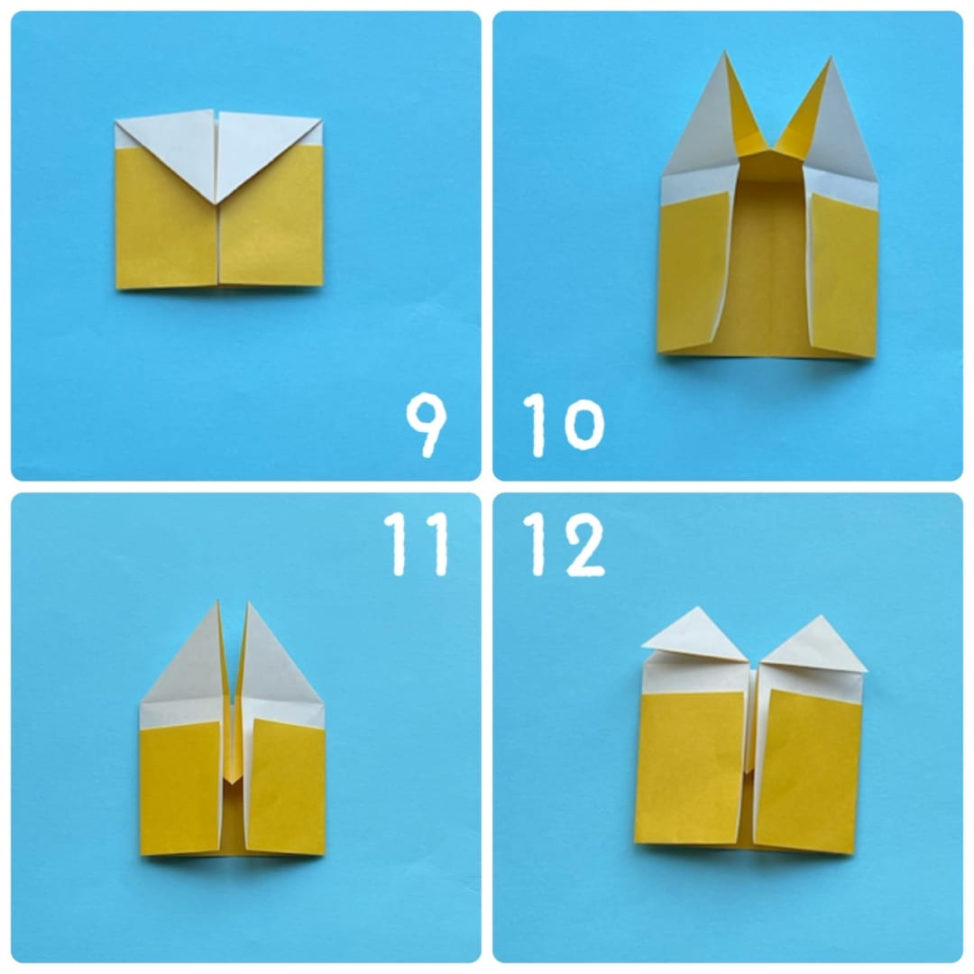 How to fold マグカップネコ＆うさぎ: 9  三角の下の辺に合わせて、下に折ります。
10  左右を開いて、手前の三角が、中に入るようにします。
11  図のように折りたたみます。
12  耳の部分を、三角形の下のあらすじに合わせて折ります。