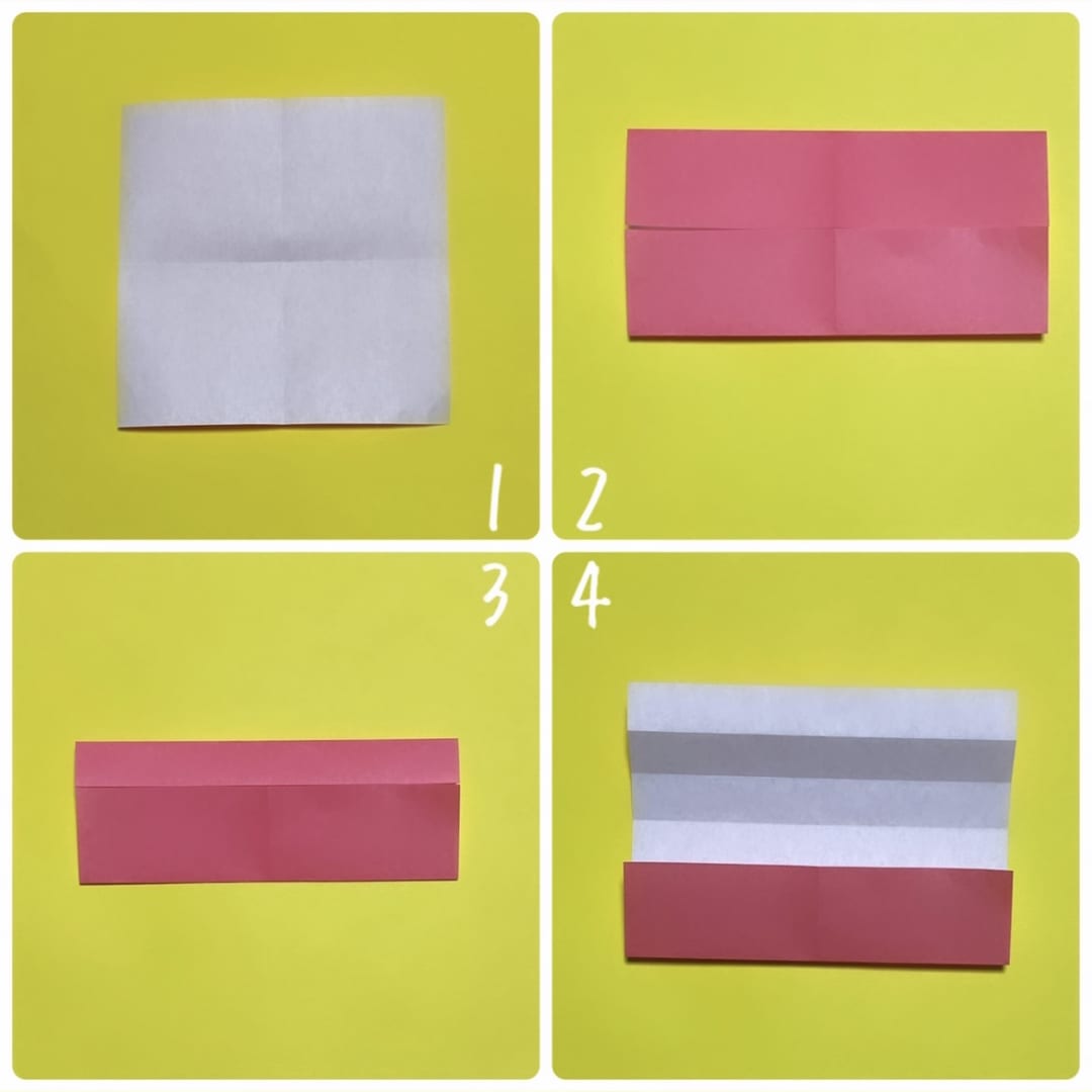 How to fold お着物うさぎとねこ: 1 タテ横、半分に折り、折り線をつけます。
2  上下の辺を、真ん中まで折ります。
3  上だけ、もう一度真ん中まで半分に折ります。
4  上だけ、広げます。