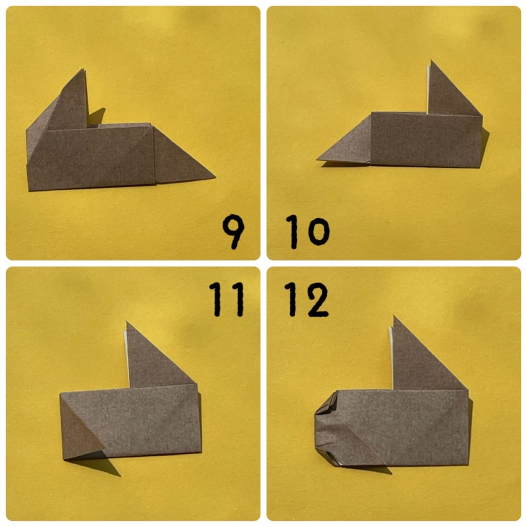 How to fold うさぎ: 9  半分に折ります。
10裏返します。