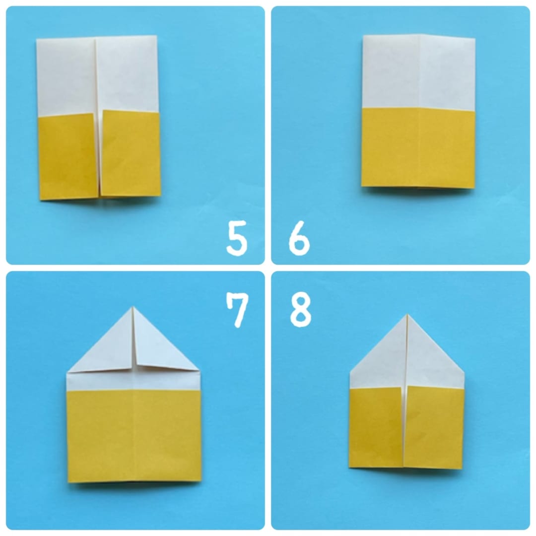 How to fold マグカップネコ＆うさぎ: 5  左右の辺を、中心の線に合わせて折ります。
6  裏返します。
7  図のように、上の白い部分を中心の線に合わせて、三角に折ります。　
8  裏返します。