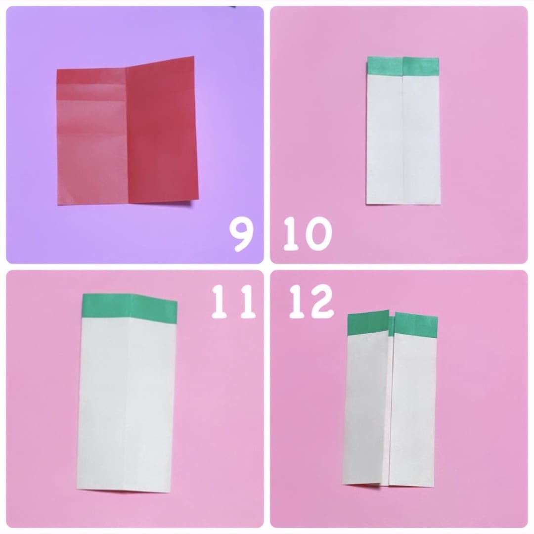 How to fold いちご: 10 真ん中の線まで両側から折ります。
11 裏返します。
12 両端の辺を真ん中の線に寄せるように折ります。裏側の部分は折らないで、表に出るようにします。