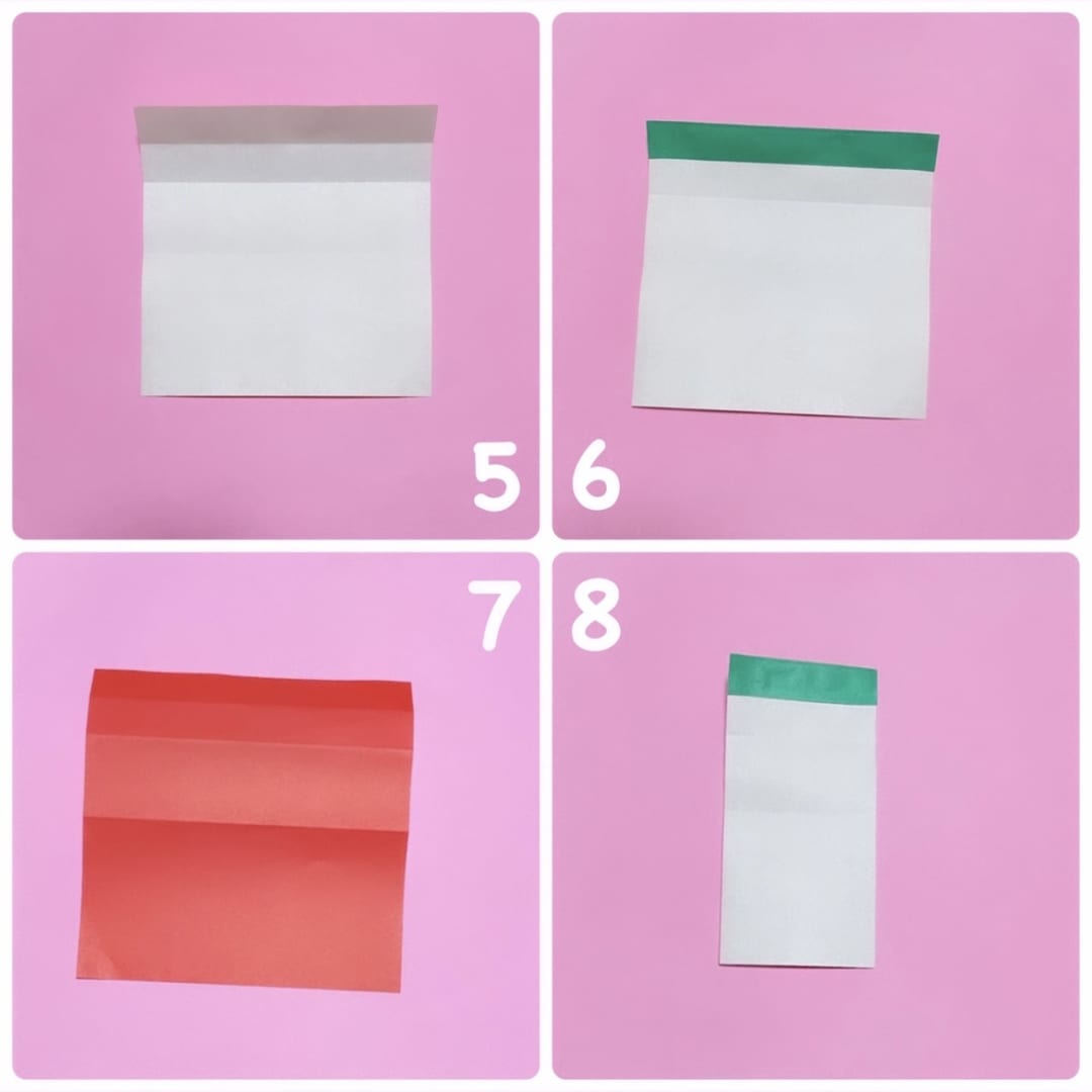 How to fold いちご: 6 ８分の１に切った緑色の折り紙を貼ります。または、緑に塗ったり、マスキングテープを貼ってください。
7 裏返します。