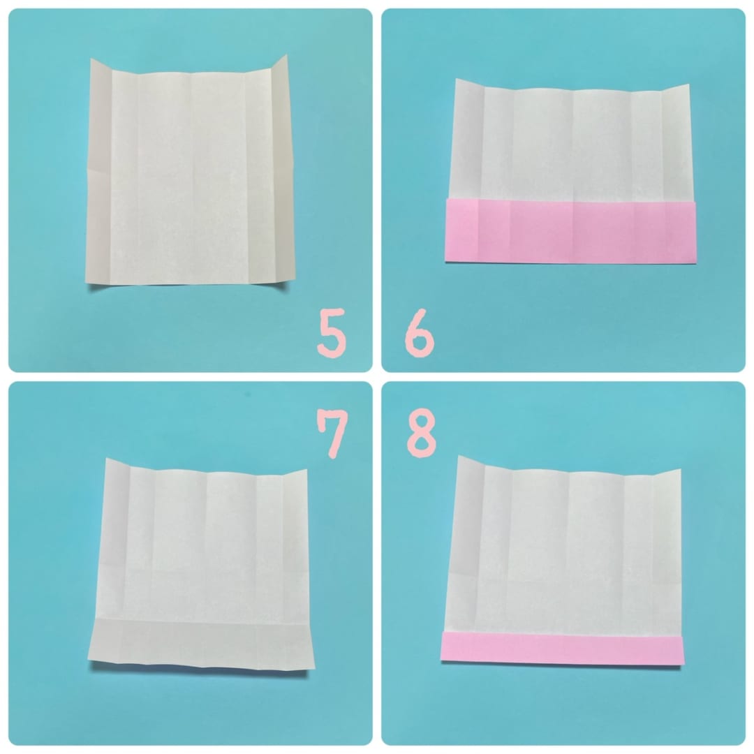 How to fold ウサミミくん: 5開きます。
6 下の辺を真ん中の線まで折ります。
7 開きます。
8 今つけた線まで折ります。