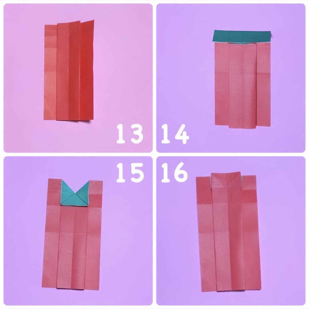 How to fold いちご: 13 裏返します。
14 1番上の線で折ります。
15 緑の部分の両側から指を入れて、開いて三角につぶします。
16 真ん中の部分を上に上げます。