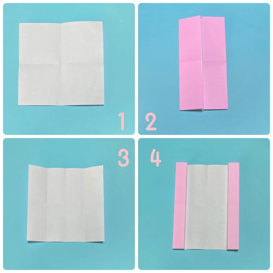How to fold ウサミミくん: 1 たてよこ半分に折り、線をつけます。
2 真ん中の線に合わせて、両側を折ります。
3 開きます。
4 いまつけた線に合わせて、両辺を折ります。