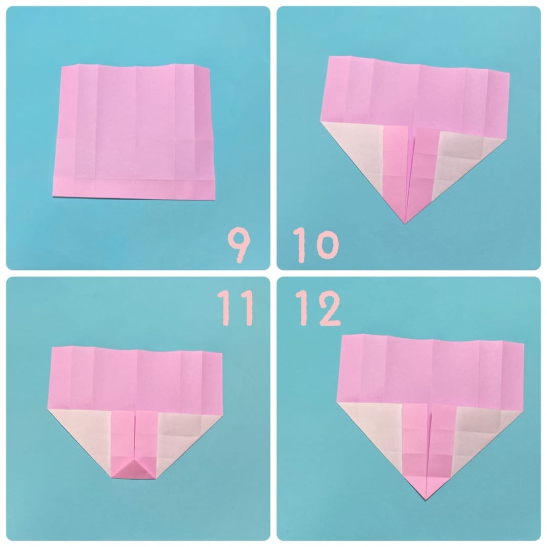 How to fold ウサミミくん: 9 裏返します。
10 真ん中の縦の線に、下の辺を合わせるように両側を折ります。
11 1番下の線に、三角形の頂点が合うようにおります。
12 開きます。