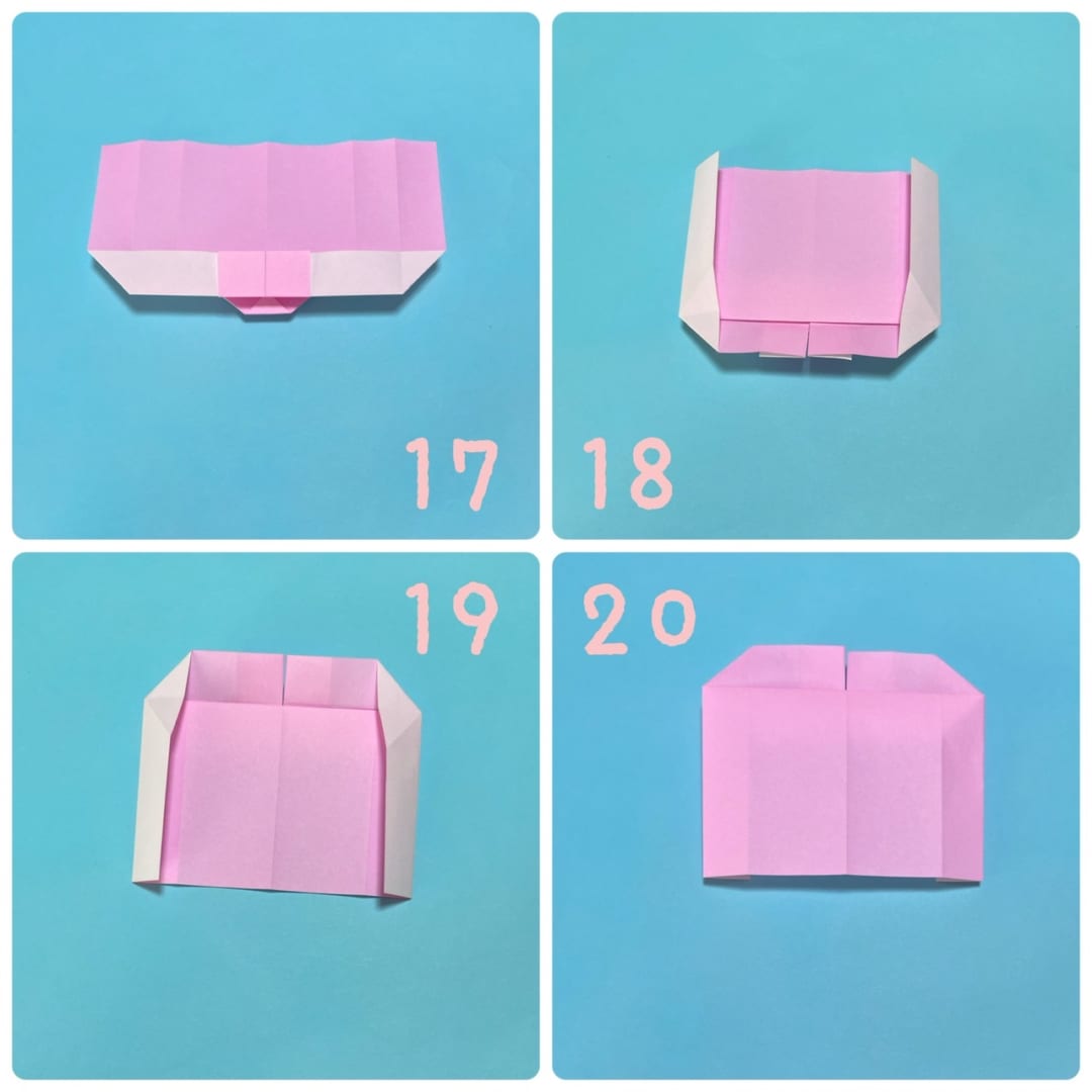 How to fold ウサミミくん: 17 裏返します。
18 下の袋になっているところを下に開き、左右のついてくるところはそのまま谷折りします。
19 上下を反転します。
20 左右の裏になっているところが、表なるように折り直します。