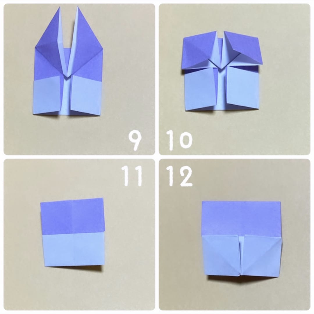 2色ちょうちょうの折り方 9 今折った部分の先が、上を向くように折り、折りすじをすけます。
10 左右とも、中を開いてつぶして折ります。
11 裏返します。
12 したの左右の角を真ん中に寄せるようにおります。この時、裏側の部分が前に出るようにします。
