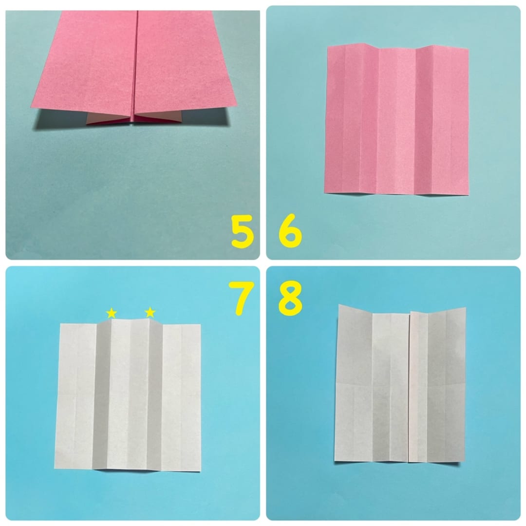 まつりちゃんの折り方 5 横から見た図です。
6 開きます。
7 裏返します。真ん中から数えて、右に１本目の線をつまみ、真ん中に寄せるように折ります。
8 折ったところです。