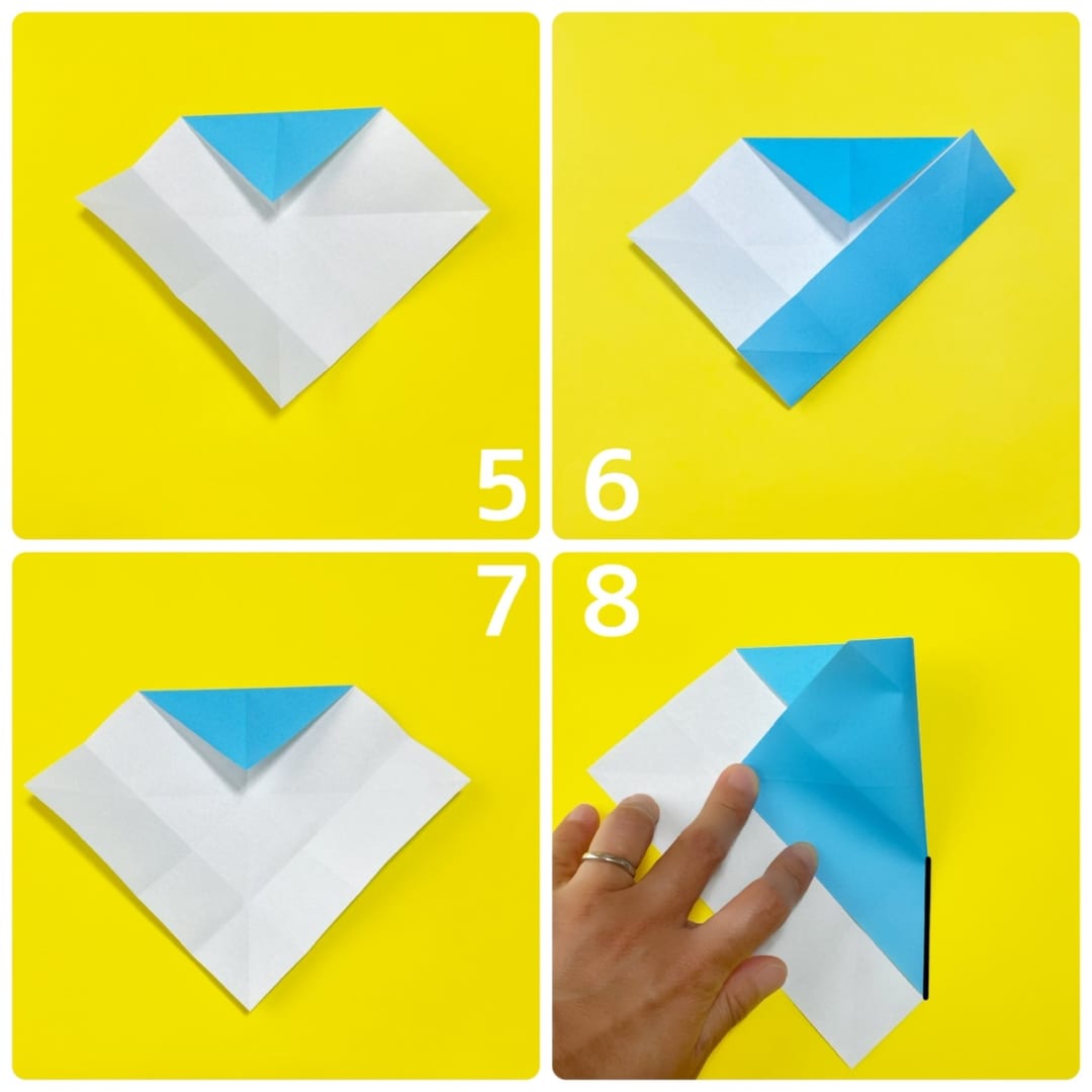 ペンギンポケットの折り方 5 開きます。
6 右側も同じように折ります。
7 開きます。
8 4でつけた線に合わせ、黒い線の部分だけ折り線をつけます。
